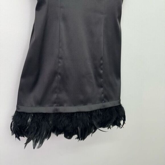 Roberta Women’s Black Satin Mini Spaghetti Strap Mini Dress Feather Trim - Picture 9 of 10